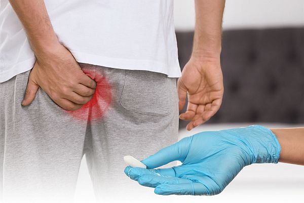 Doctor holding suppository for hemorrhoid treatment and man suffering from pain